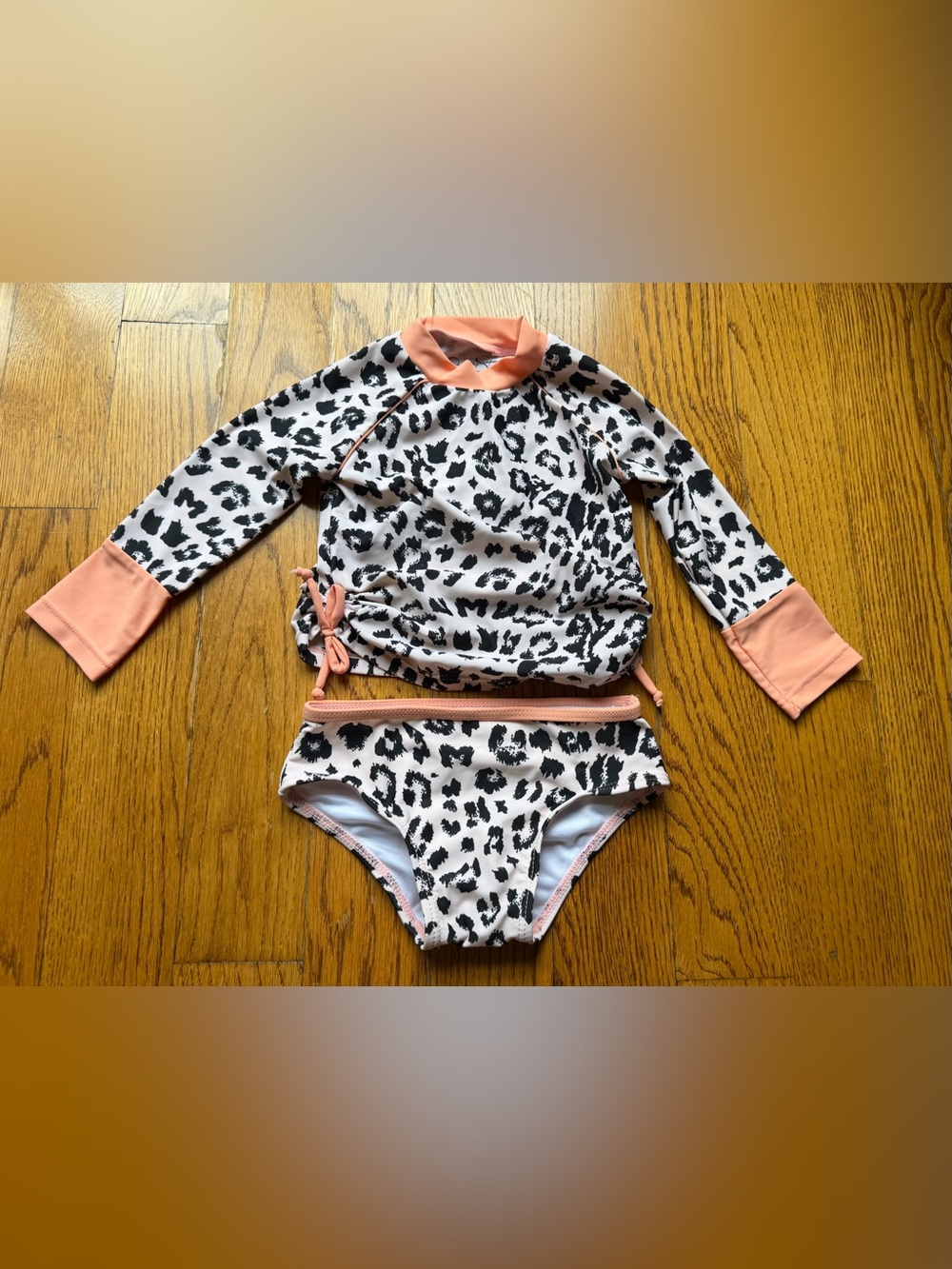 Jessica Simpson 18M Leopard Rash Guard Swimsuit 2-Piece Set Peach Trim